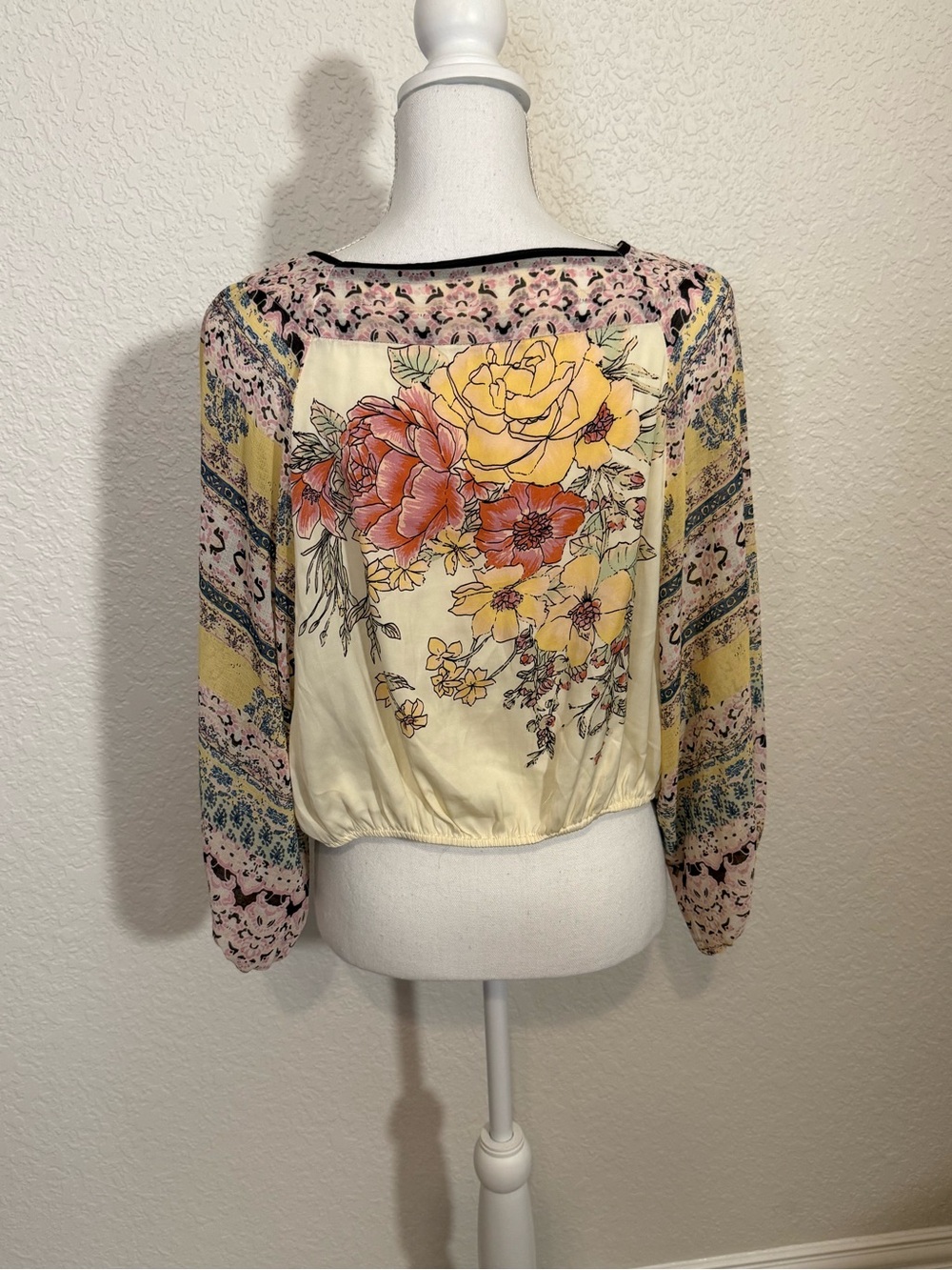 Free People Floral Peasant Blouse - Pink/Cream/Yellow (B1) - Picture 5 of 9